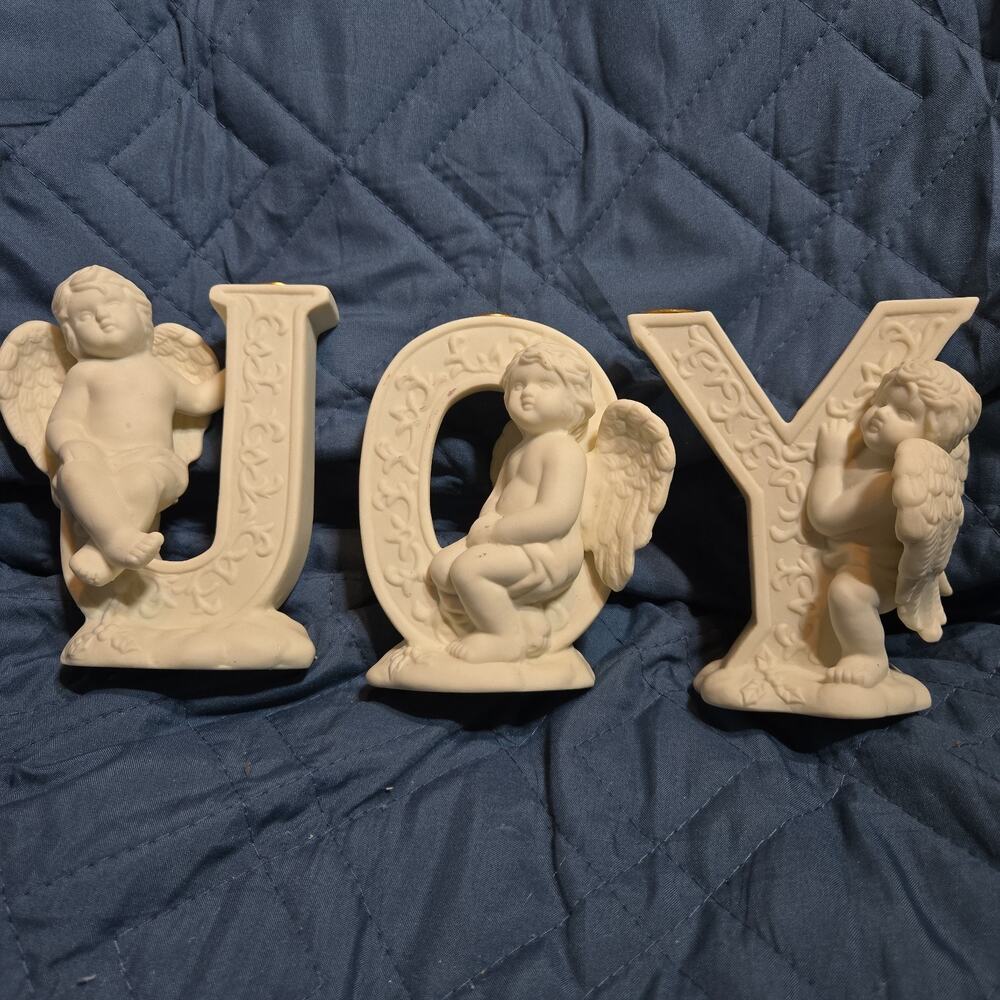 Vintage 3pc Christmas Ceramic Candle Holder Set JOY Cherub